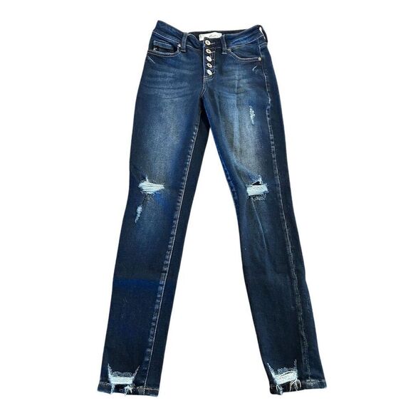 KanCan Women's High Rise Skinny Jeans Juniors Size 5 Blue Frayed Hem Stretchy - Picture 2 of 9